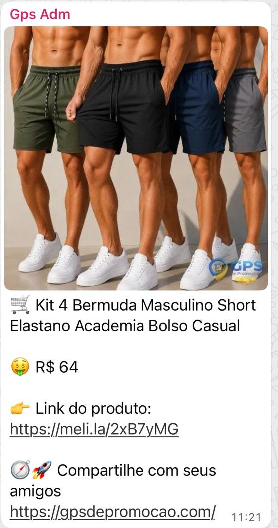 Print da oferta Kit com 4 Bermudas Masculinas enviada no grupo de WhatsApp do GPS de Promoção