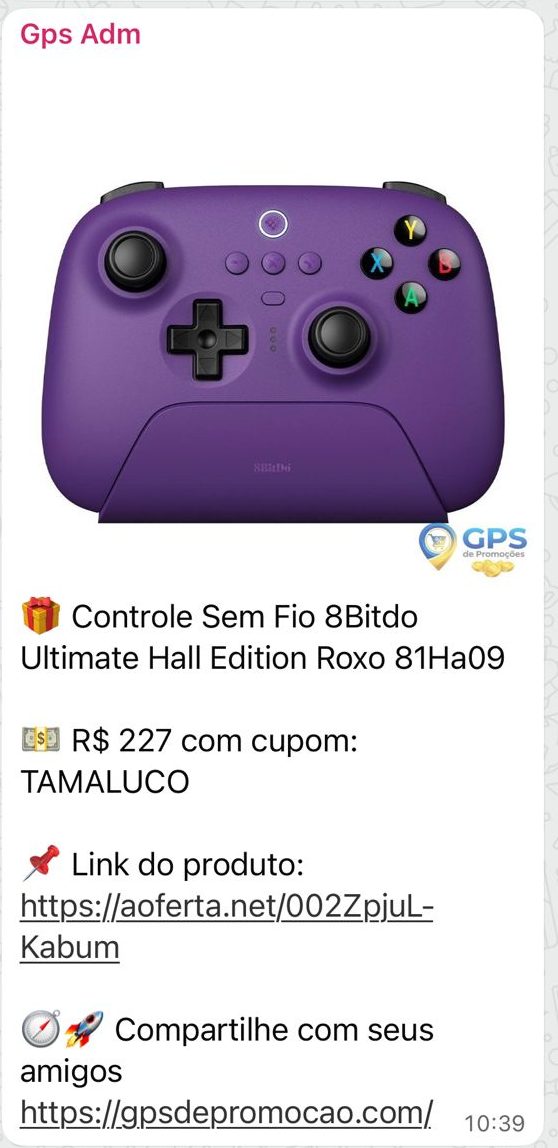 Print da oferta Controle 8BitDo Ultimate Hall Edition enviada no grupo de WhatsApp do GPS de Promoção